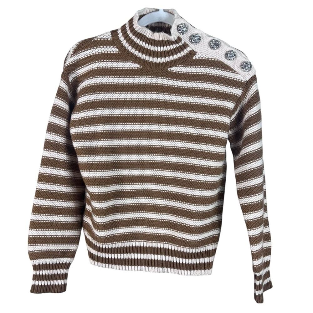 J.Crew Stripped Knit Mock Neck Pullover Sweater Jewel Luxury Caramel Natural XS - Picture 2 of 10